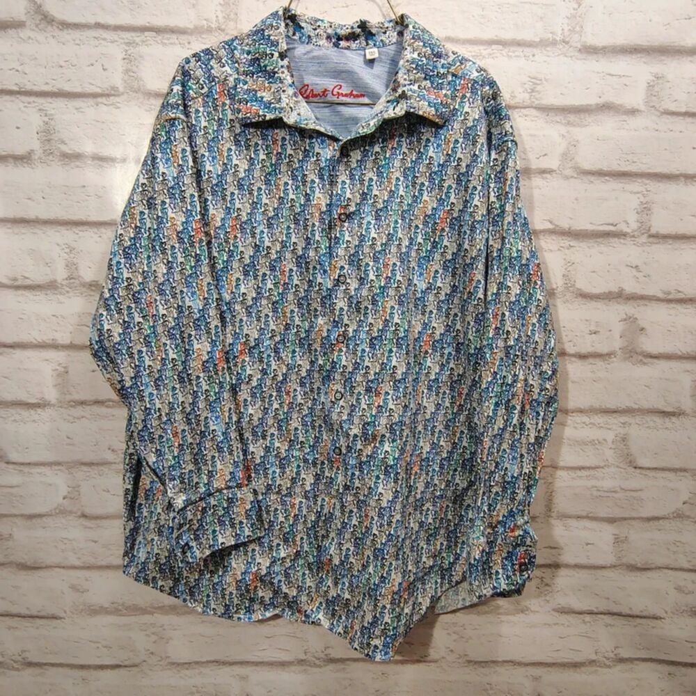Robert Graham Shirt Men’s 2XL Multicolor Abstract Script Flip Cuff Button Front